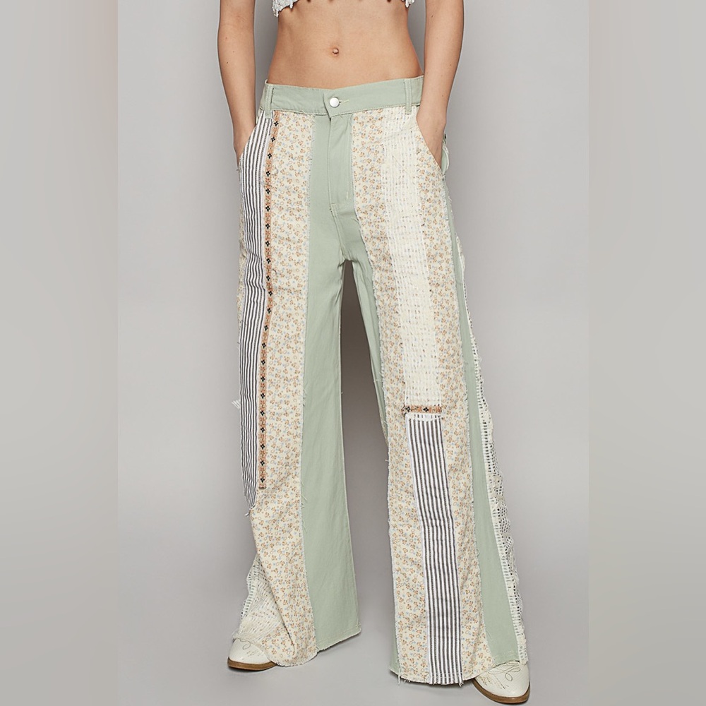 POL Daisey Dancer Patchwork Wide-Leg Pants - Mint and Cream